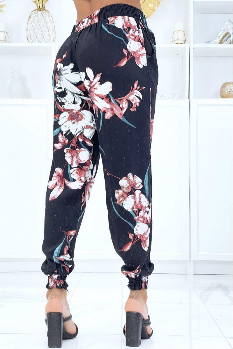 Zwarte broek met bloemenprint, soepele elastische taille en enkels - 3