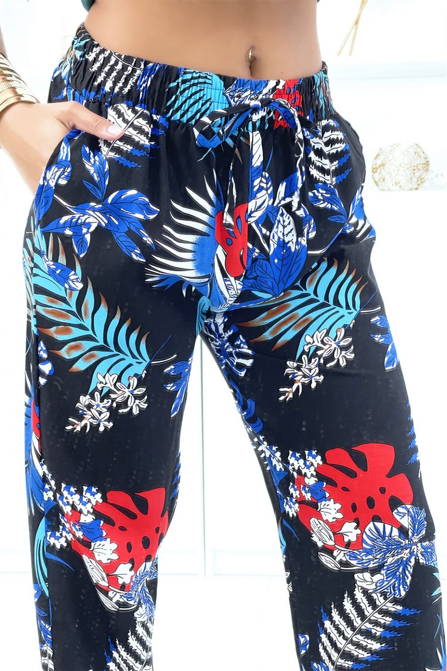 Black foliage trousers, fluid elastic waist and ankles - 4