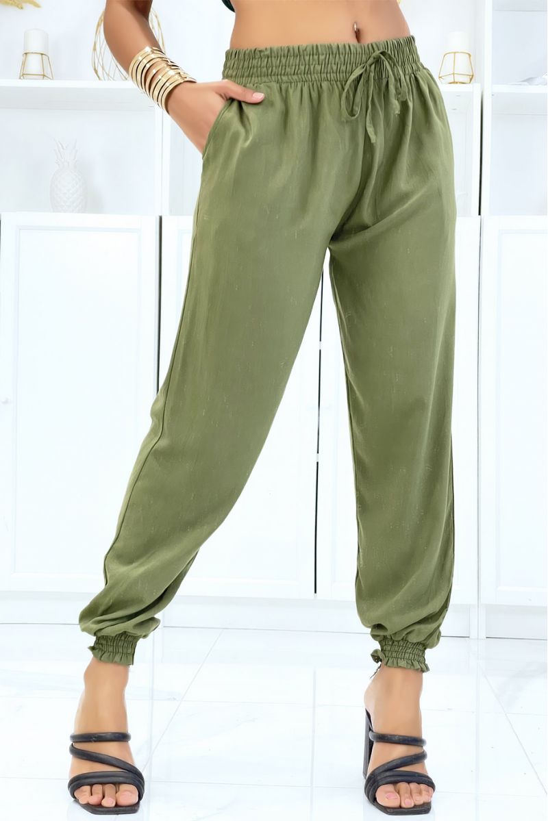 Fluid khaki pants with elastic waist and ankles - 1