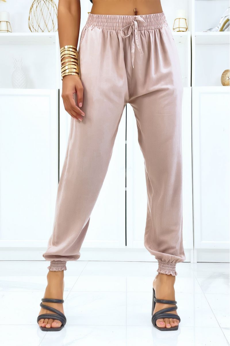 Flowing pink pants with elastic waist and ankles - 1