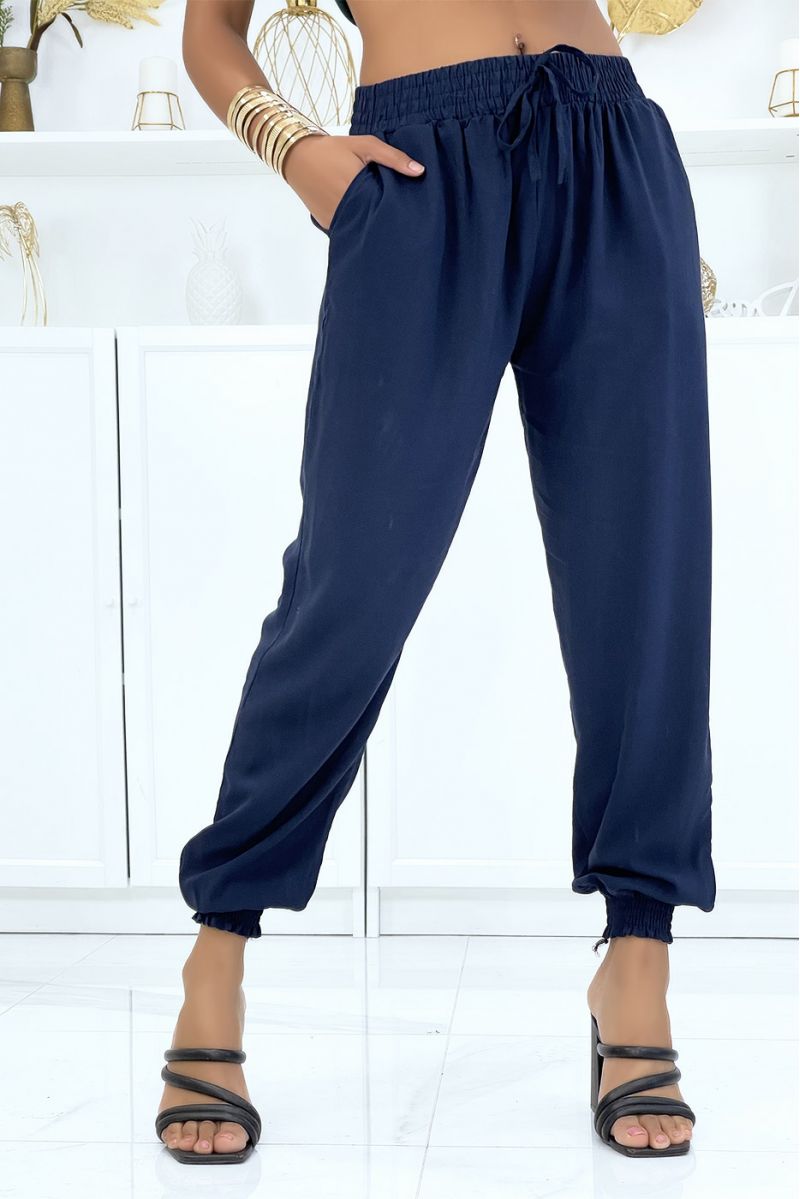 Fluid navy pants with elastic waist and ankles - 1 Fluid navy pants with elastic waist and ankles - 1