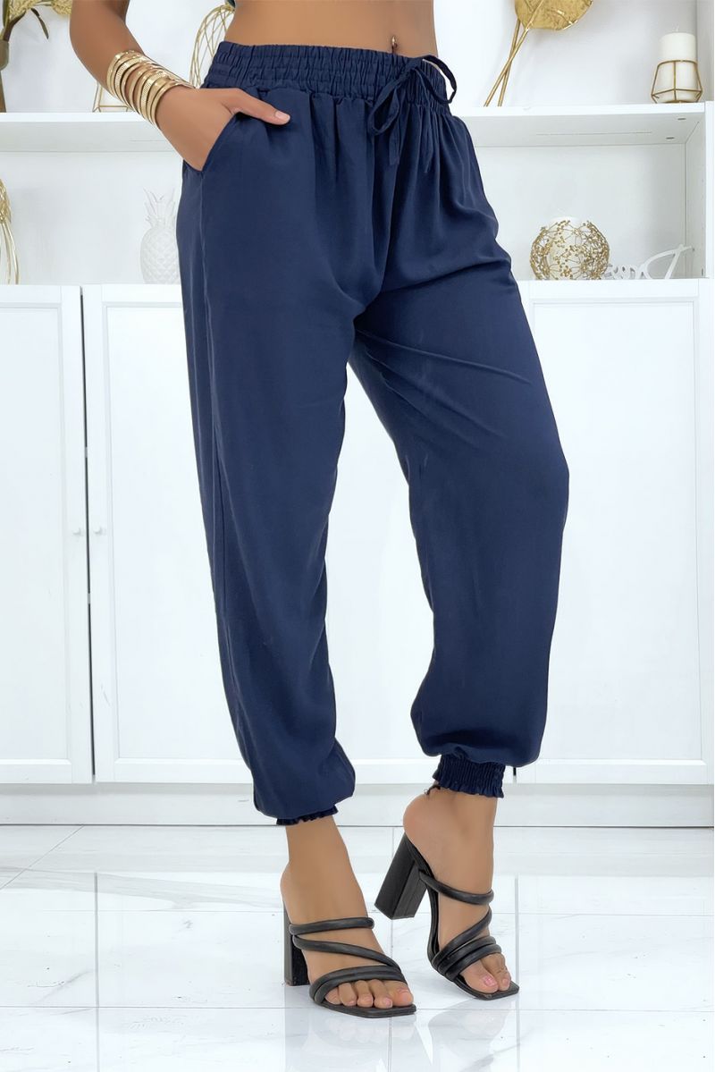 Fluid navy pants with elastic waist and ankles - 2 Fluid navy pants with elastic waist and ankles - 2