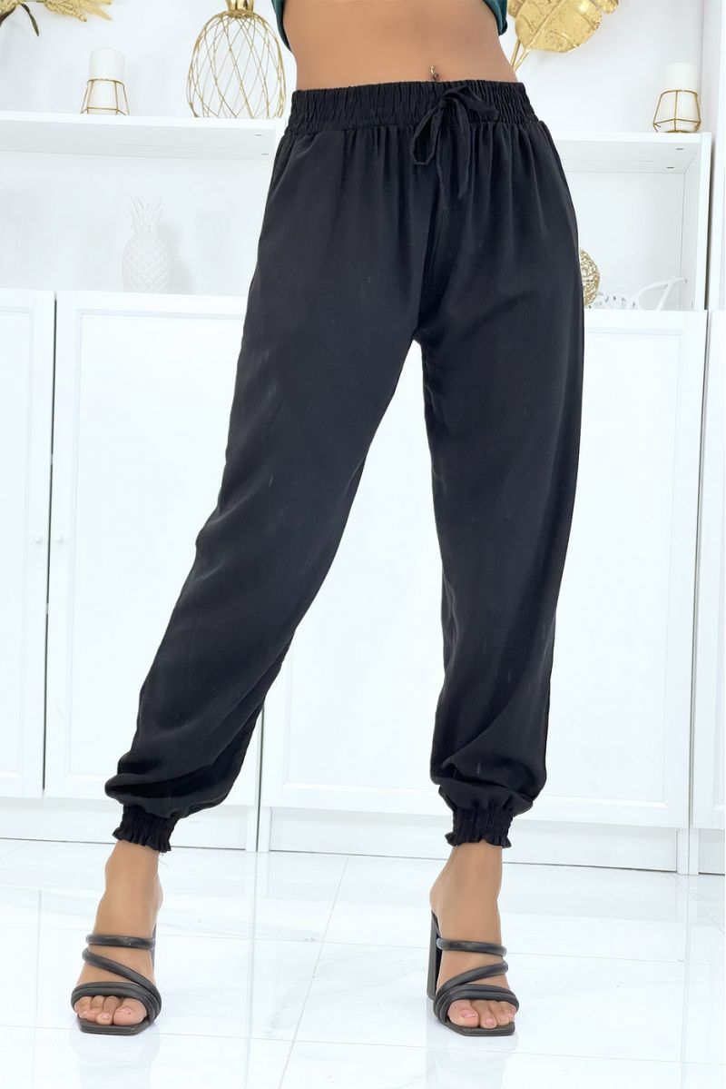 Fluid black pants with elastic waist and ankles - 1
