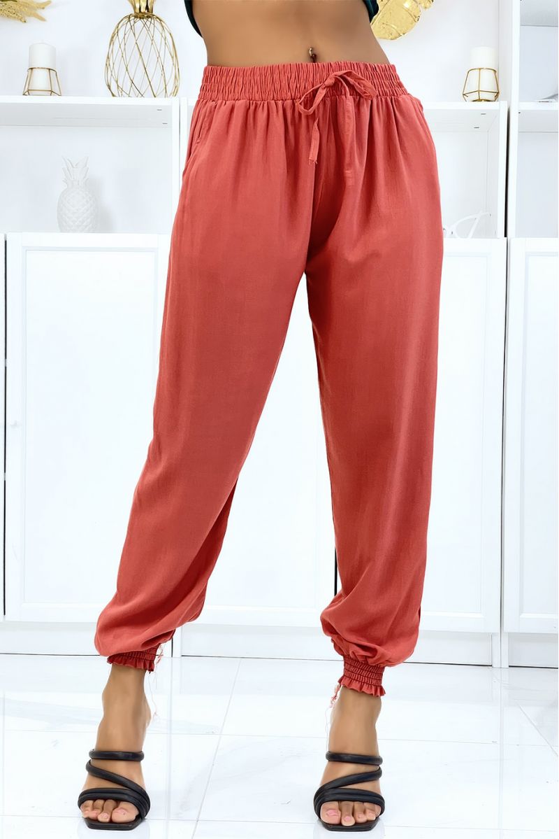 Fluid cognac pants with elastic waist and ankles - 1 Fluid cognac pants with elastic waist and ankles - 1