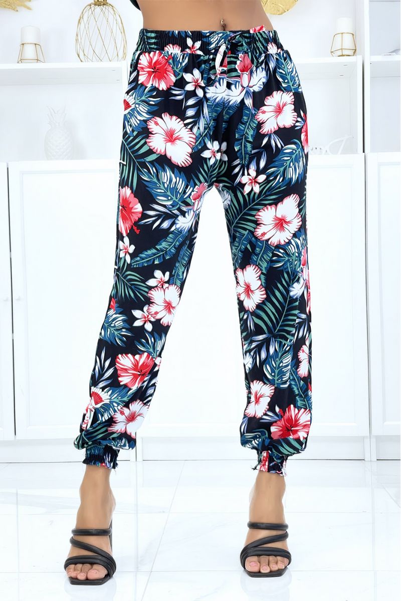 Black pants with floral pattern, fluid elastic waist and ankles - 1