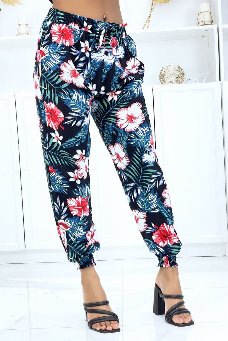 Black pants with floral pattern, fluid elastic waist and ankles - 2