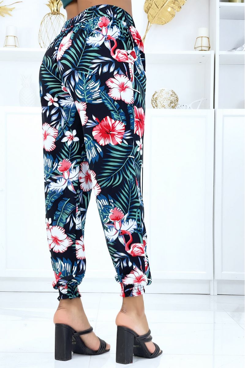 Black pants with floral pattern, fluid elastic waist and ankles - 3
