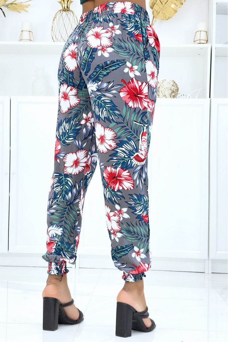 Gray pants with floral pattern, fluid elastic waist and ankles - 3