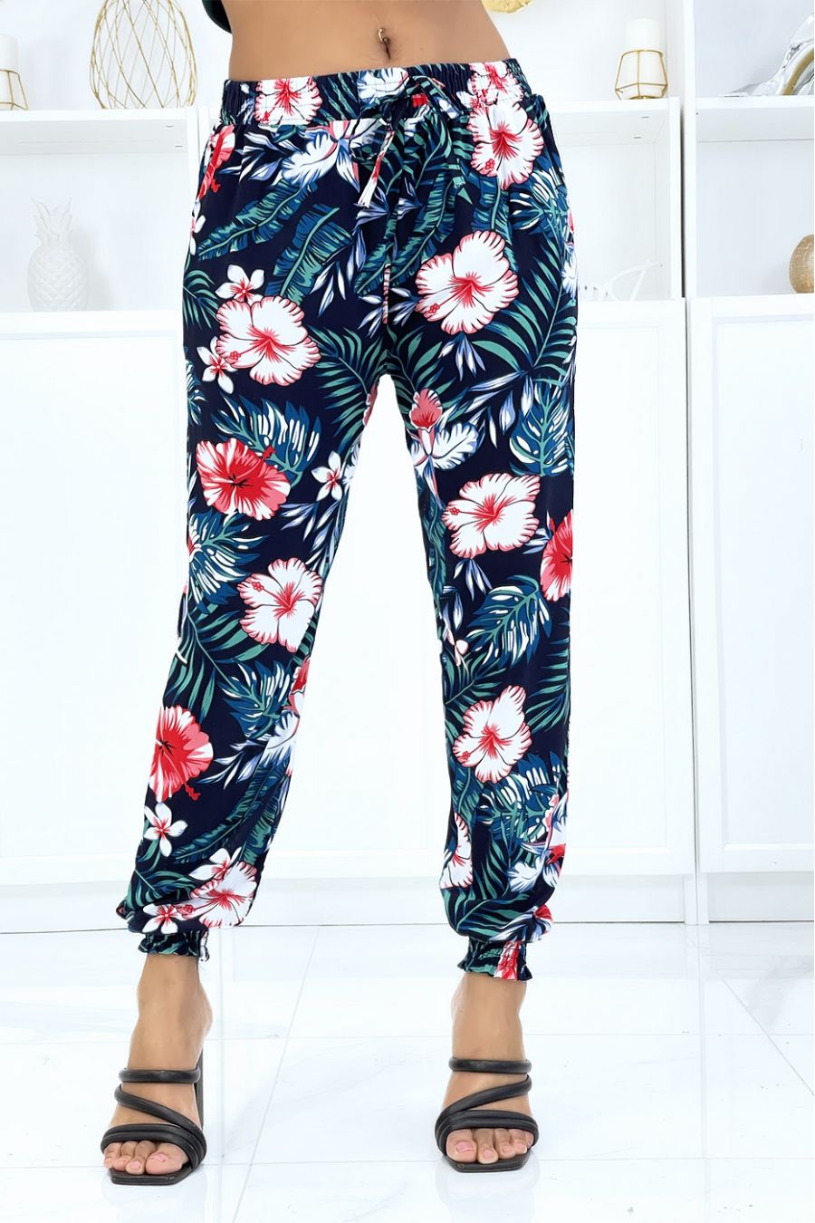 Pantalon marine à motif floral, fluide élastique à la taille et aux chevilles 