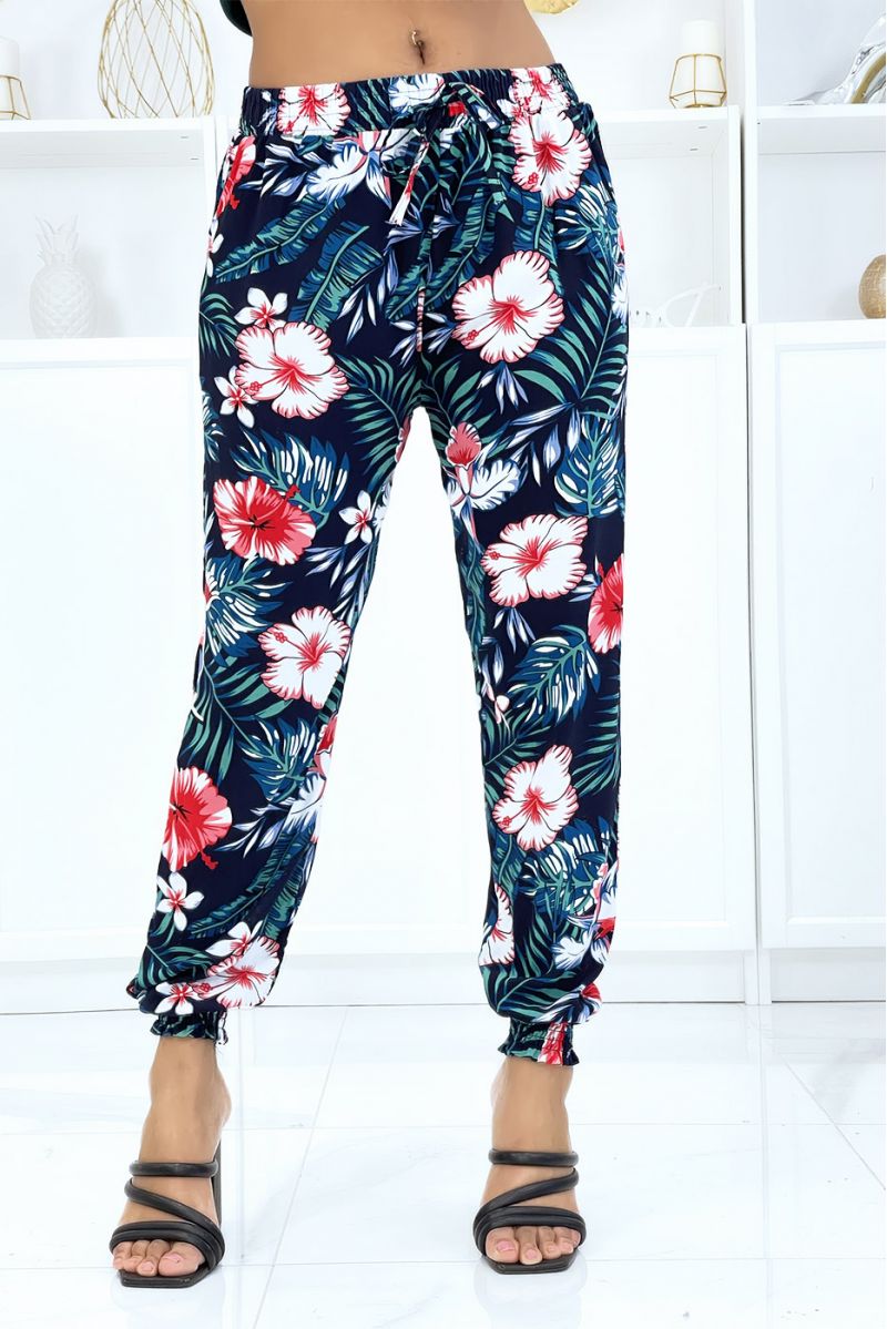 Navy pants with floral pattern, fluid elastic waist and ankles - 1