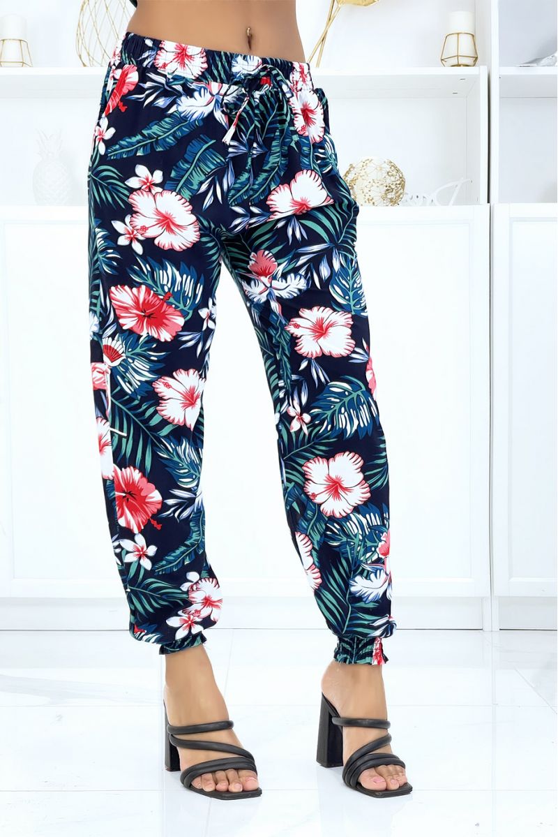 Navy pants with floral pattern, fluid elastic waist and ankles - 2