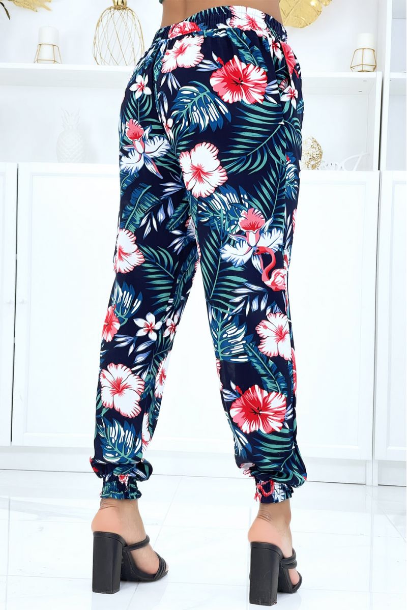 Navy pants with floral pattern, fluid elastic waist and ankles - 3