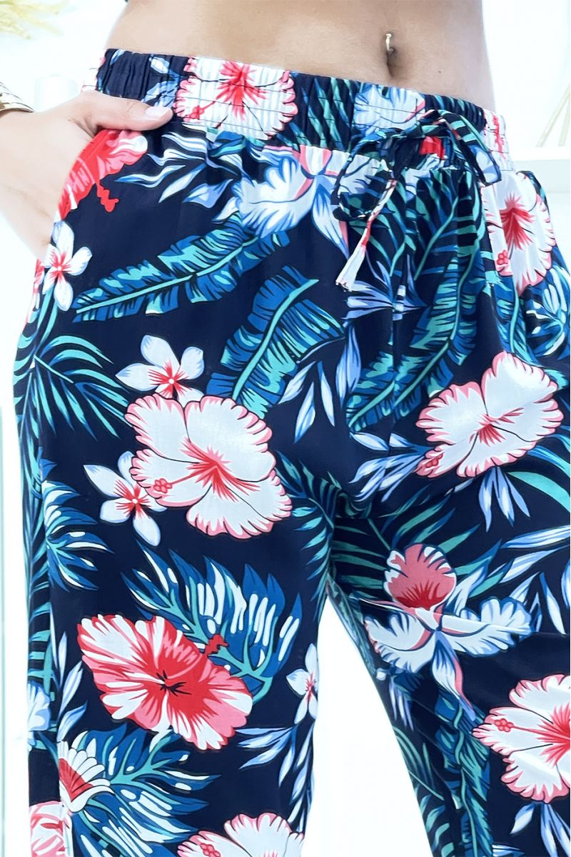 Marineblauwe broek met bloemenpatroon, soepel vallende elastische taille en enkels - 4