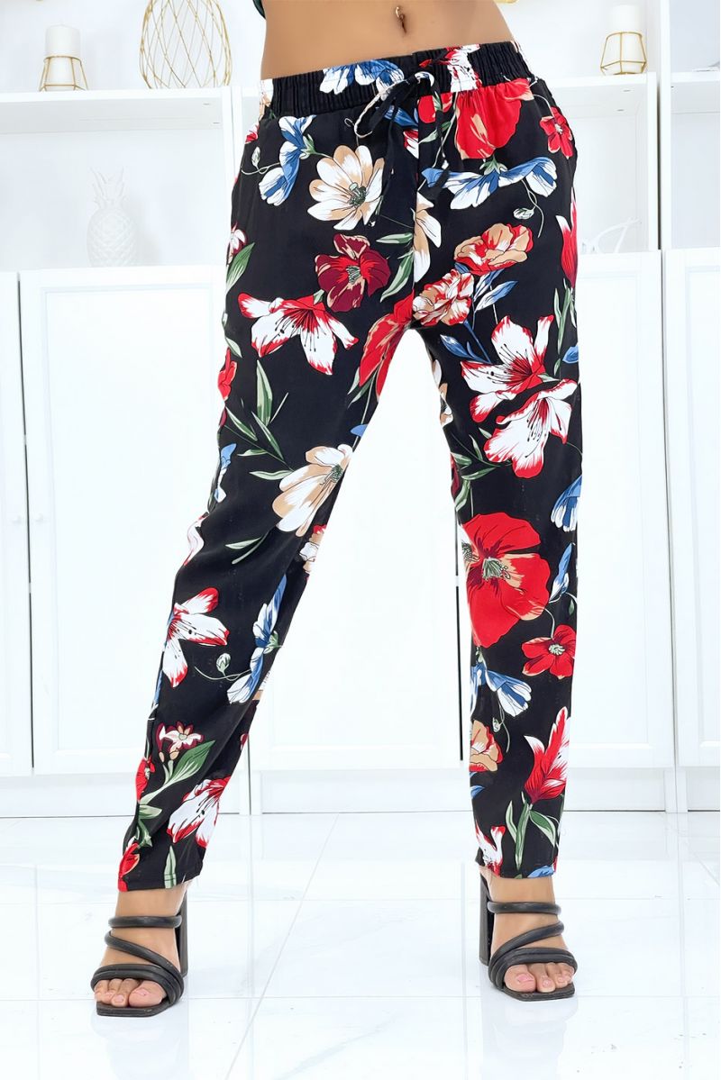 Black pants with floral pattern, fluid elastic at the waist - 1