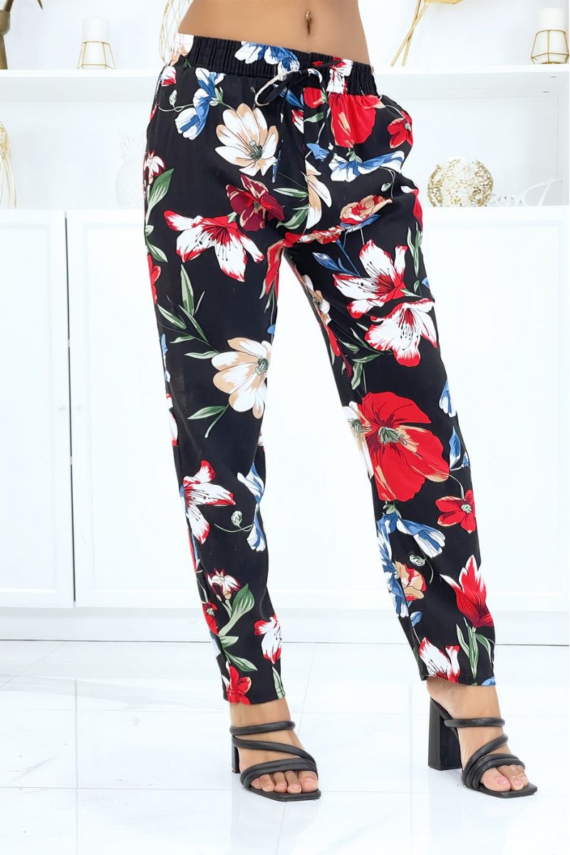 Black pants with floral pattern, fluid elastic at the waist - 2
