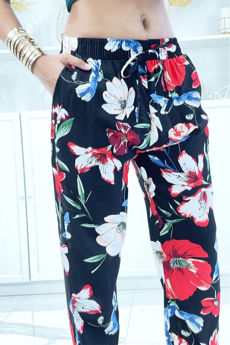 Black pants with floral pattern, fluid elastic at the waist - 4