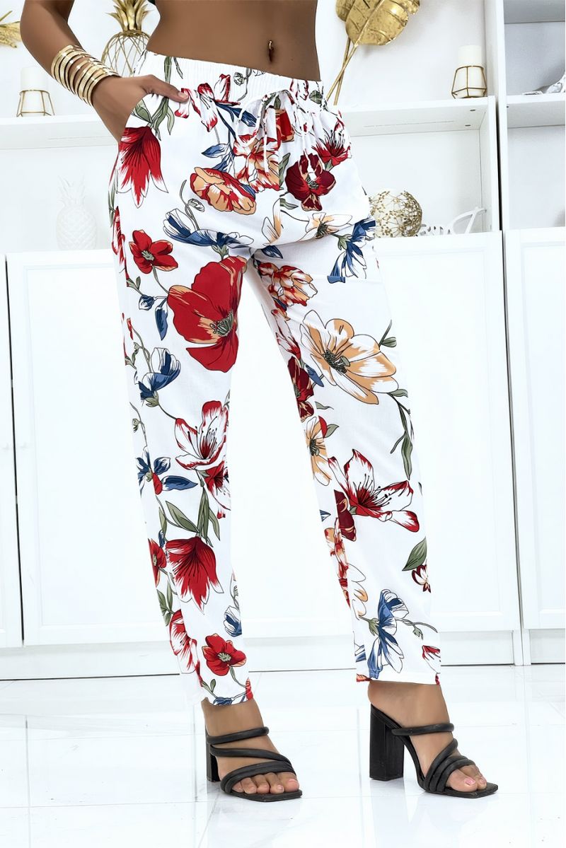 White pants with floral pattern, fluid elastic at the waist - 2