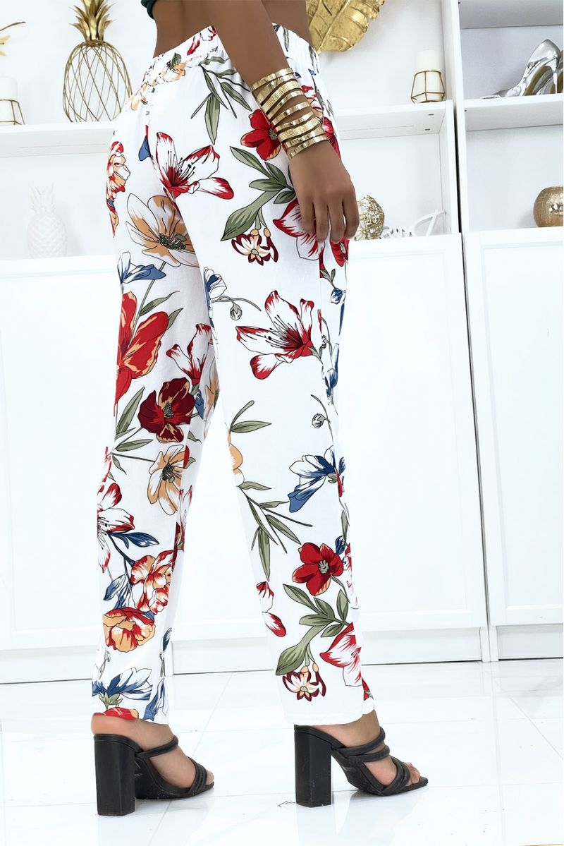 Pantalon blanc à motif floral, fluide élastique à la taille - 3