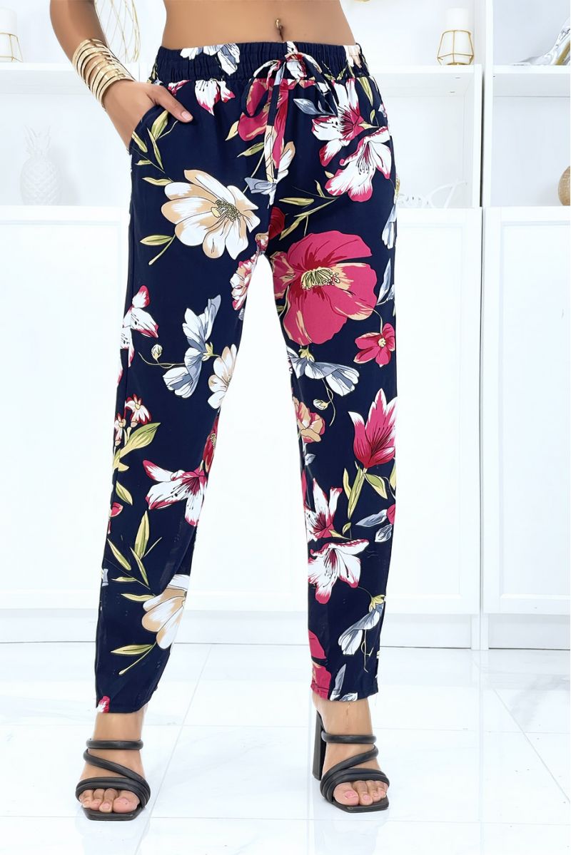 Navy pants with floral pattern, fluid elastic at the waist - 1