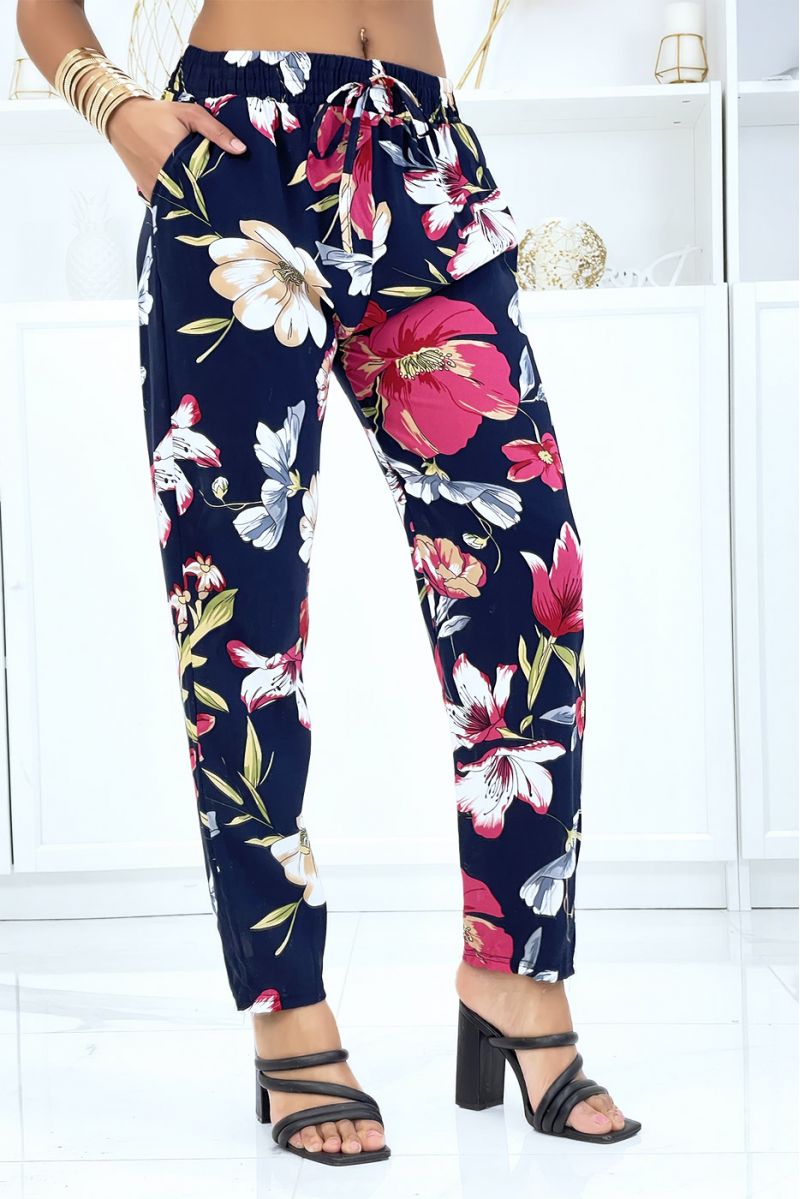 Navy pants with floral pattern, fluid elastic at the waist - 2