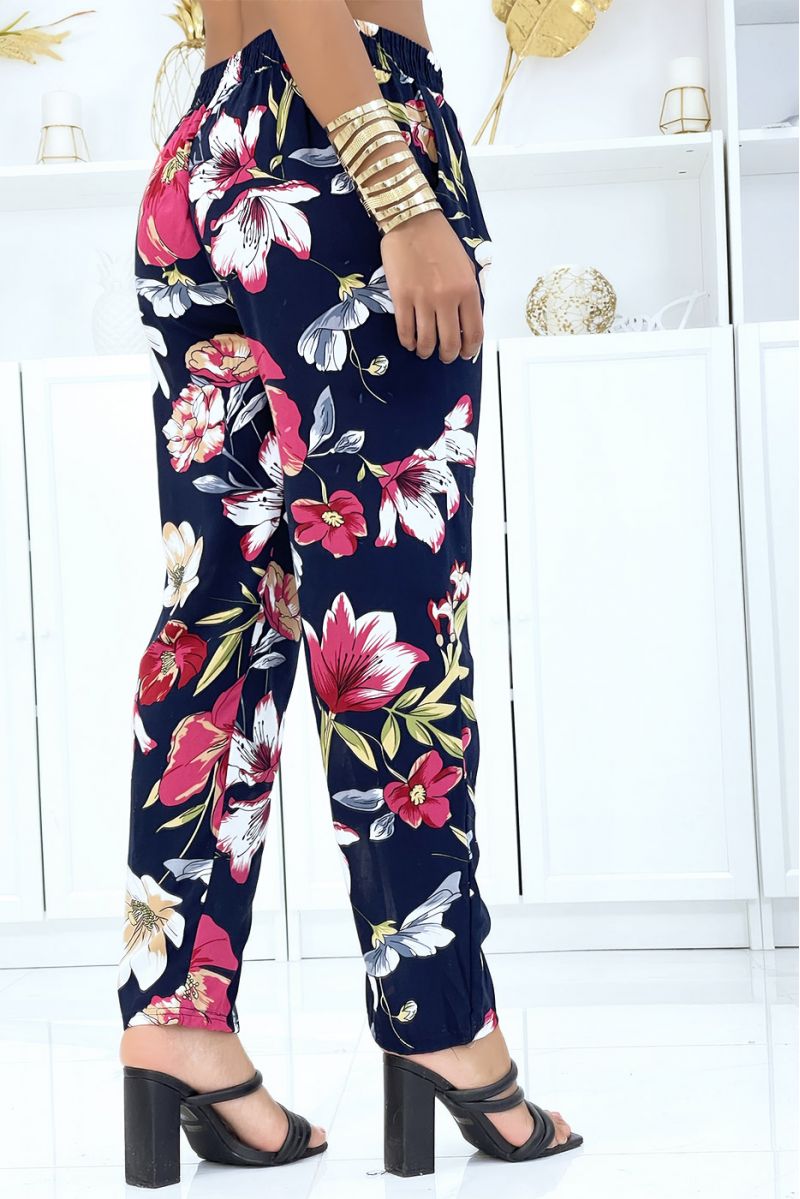 Navy pants with floral pattern, fluid elastic at the waist - 3