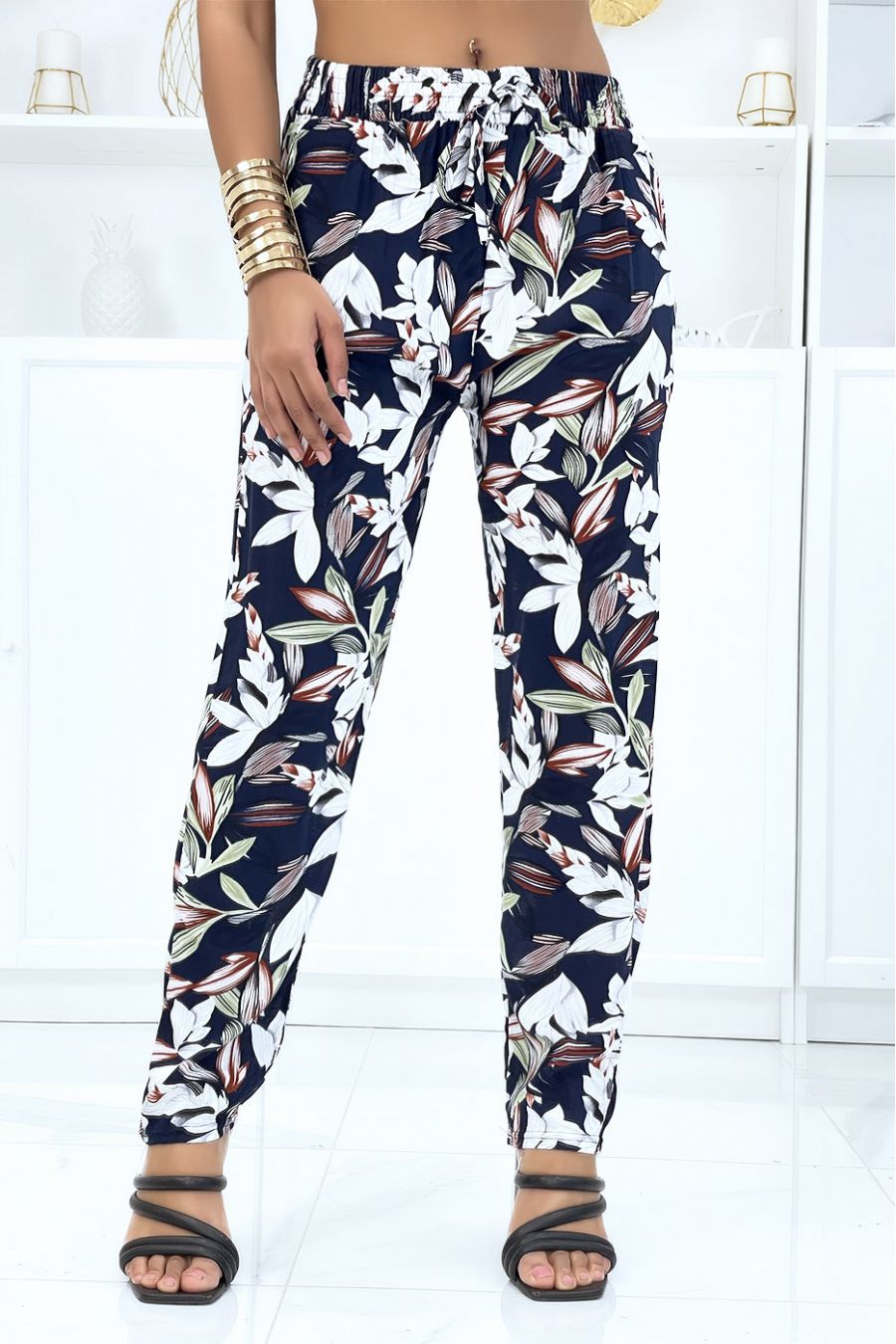 Navy foliage trousers, fluid elastic at the waist - 1