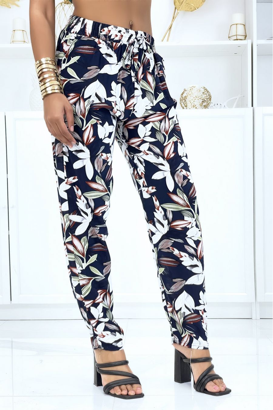 Navy foliage trousers, fluid elastic at the waist - 2