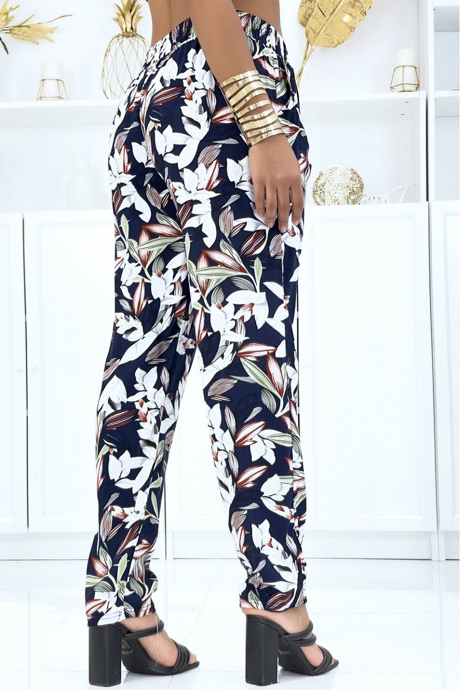 Navy foliage trousers, fluid elastic at the waist - 3