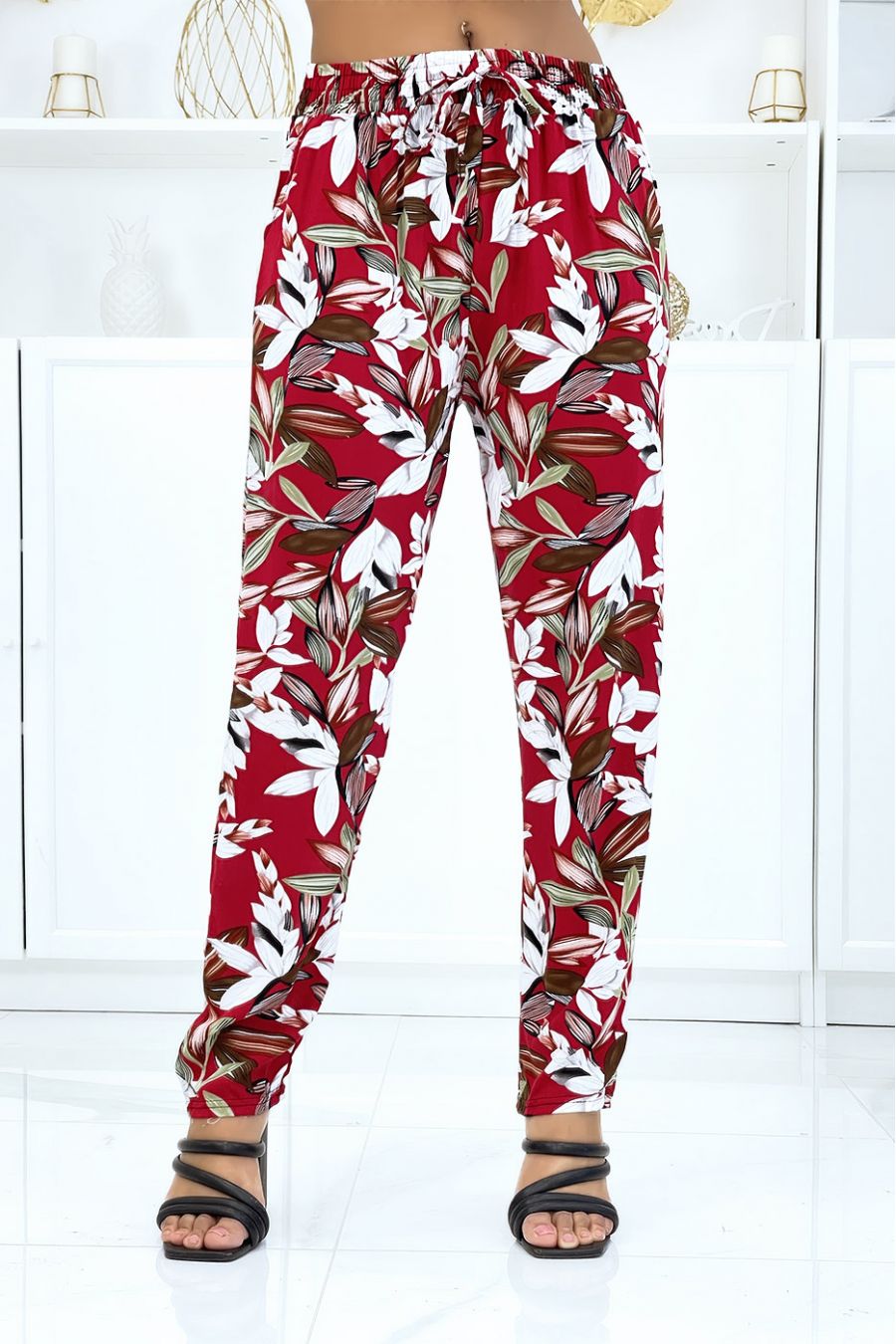 Red foliage trousers, fluid elastic at the waist - 1