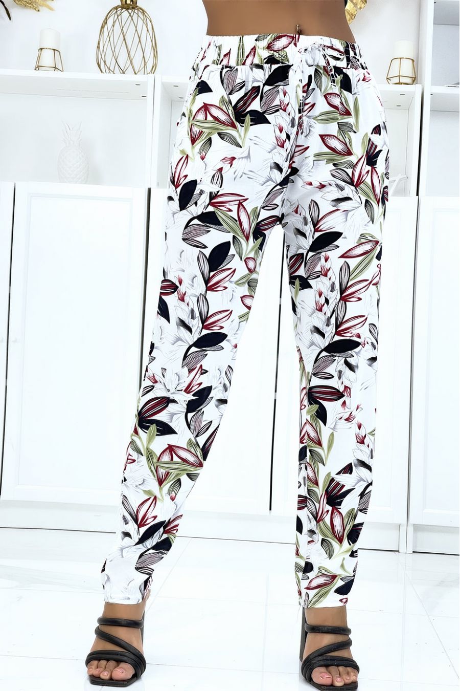 Pantalon blanc à feuillage, fluide élastique à la taille - 1