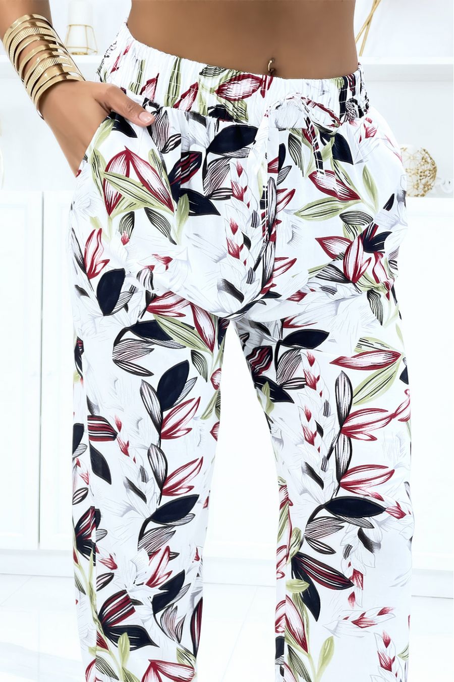 Witte gebladerte broek, soepel vallend elastiek in de taille - 4