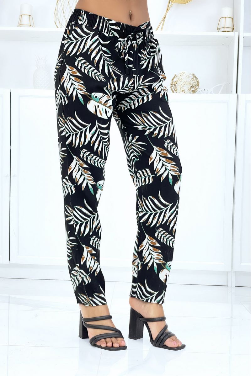 Black trousers with foliage pattern, fluid elastic at the waist - 2