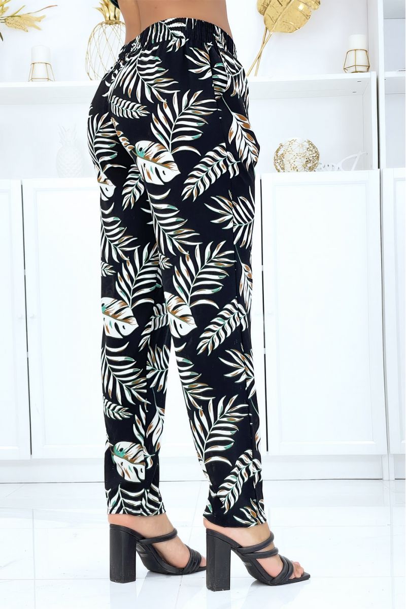 Black trousers with foliage pattern, fluid elastic at the waist - 3