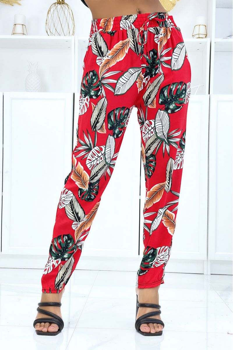 Red foliage trousers, fluid elastic at the waist - 1