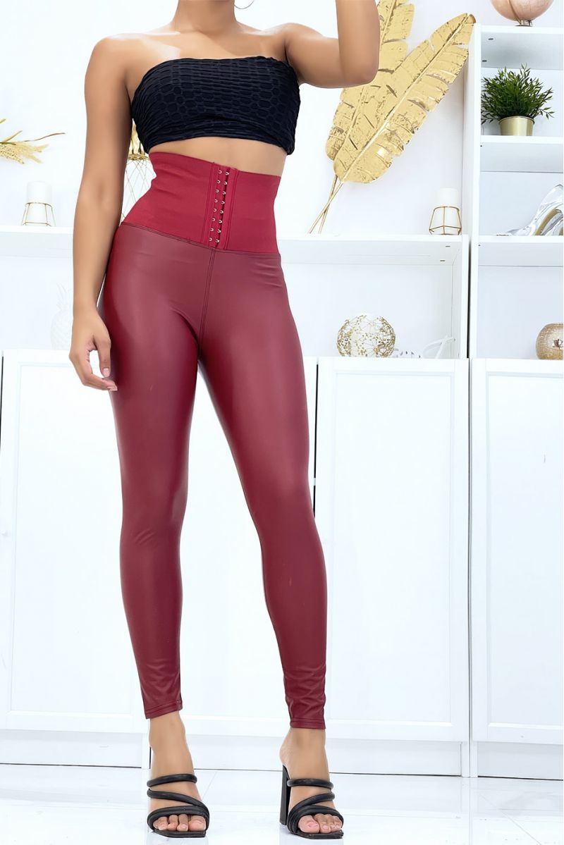 Burgundy faux leather leggings with sheathing waistband - 1