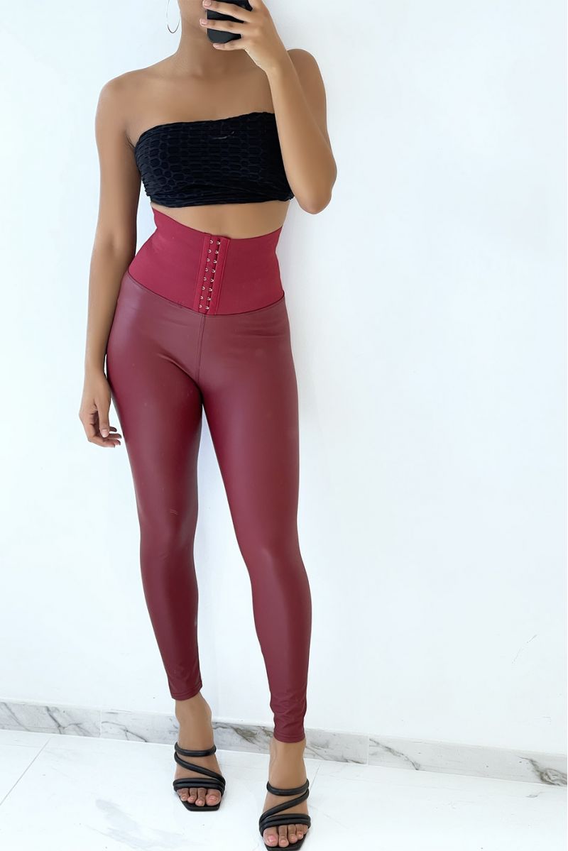 Burgundy faux leather leggings with sheathing waistband - 5