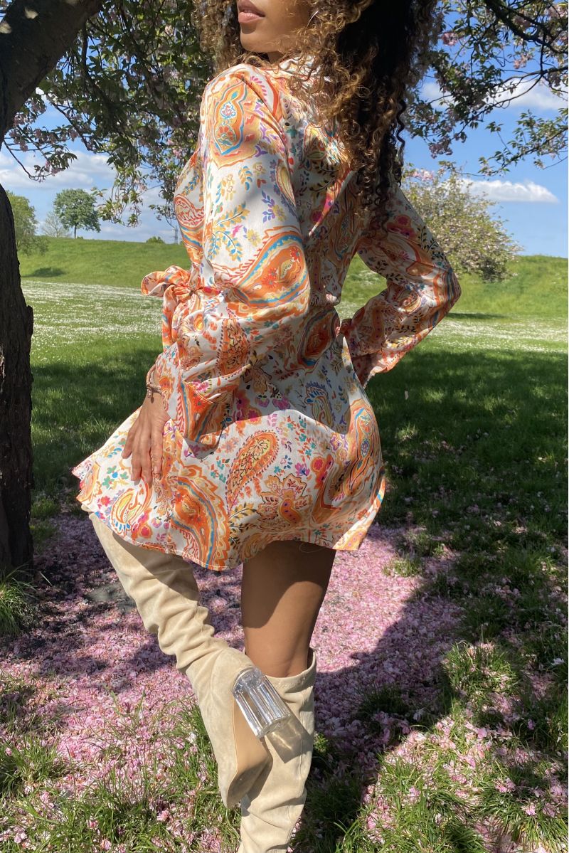 Robe courte orange fleurie cache coeur   - 2