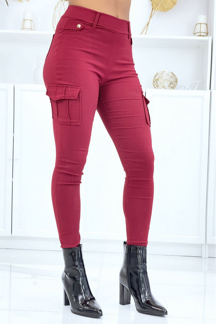 Pantalon cargo bordeaux en stretch ENLEG-7157 - 2