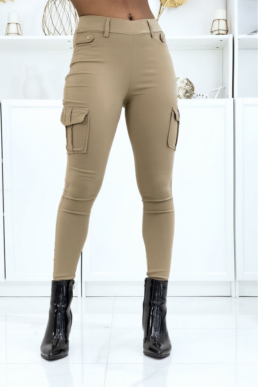 Taupe stretch cargo pants ENLEG-7157 - 1