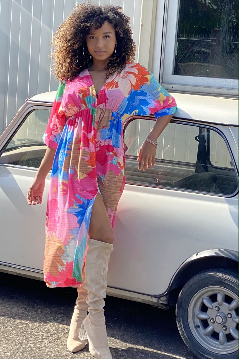 Multicolor long pink plunging v-neck summer dress - 2