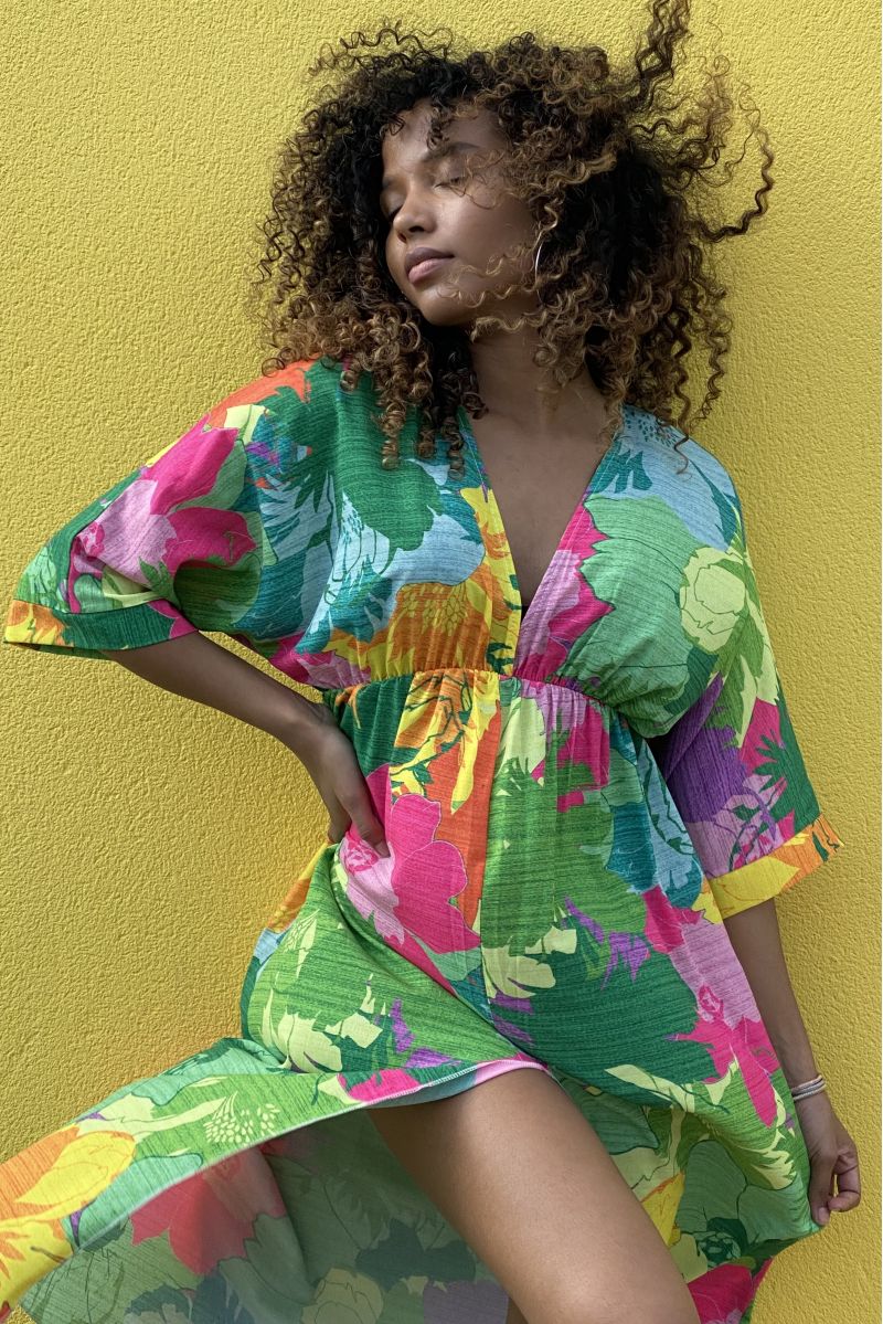 Multicolor long green plunging v-neck summer dress - 1