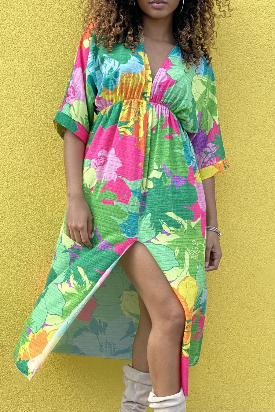 Robe d'été multicolor longue verte  col v plongeant - 2