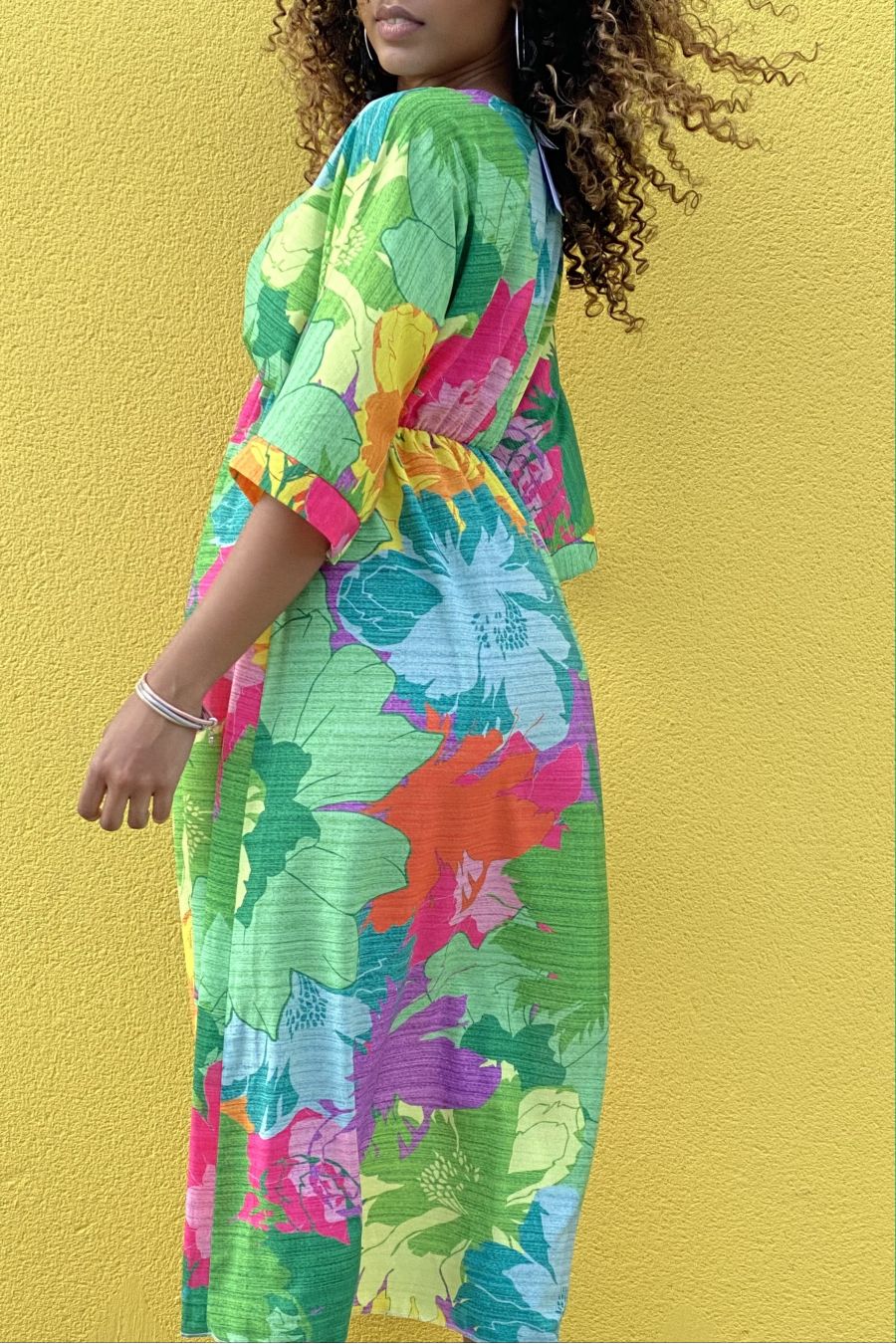 Multicolor long green plunging v-neck summer dress - 3