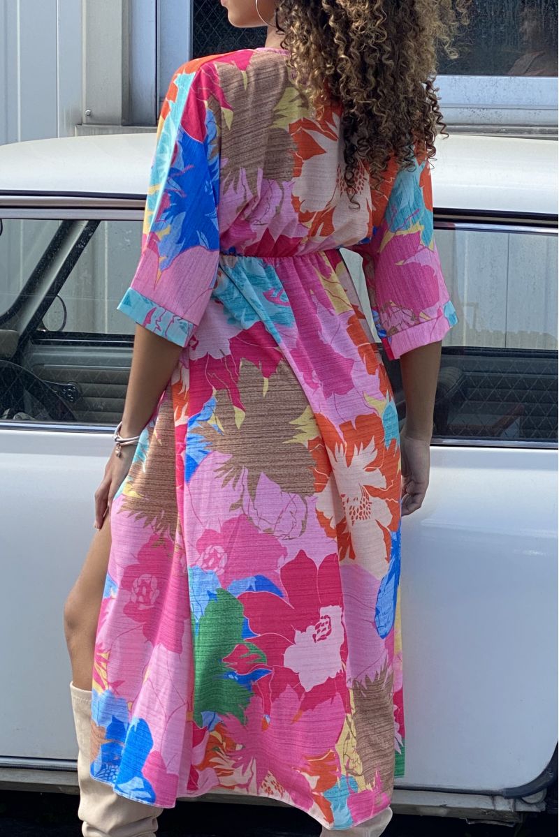 Robe d'été multicolor longue rose  col v plongeant - 4