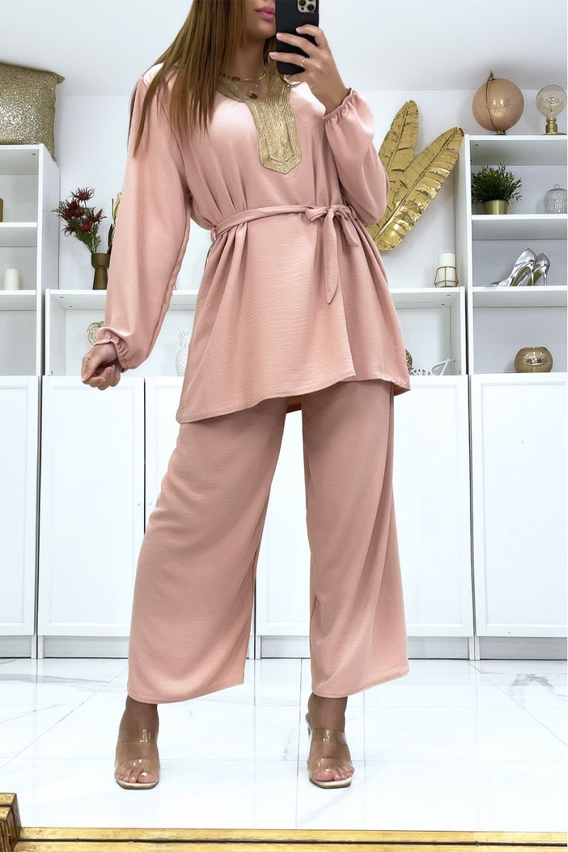 Pink tunic and palazzo pants set with golden neckline - 1