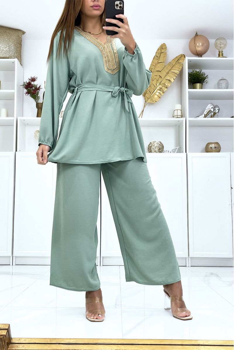 Green tunic and palazzo pants set with golden neckline - 1