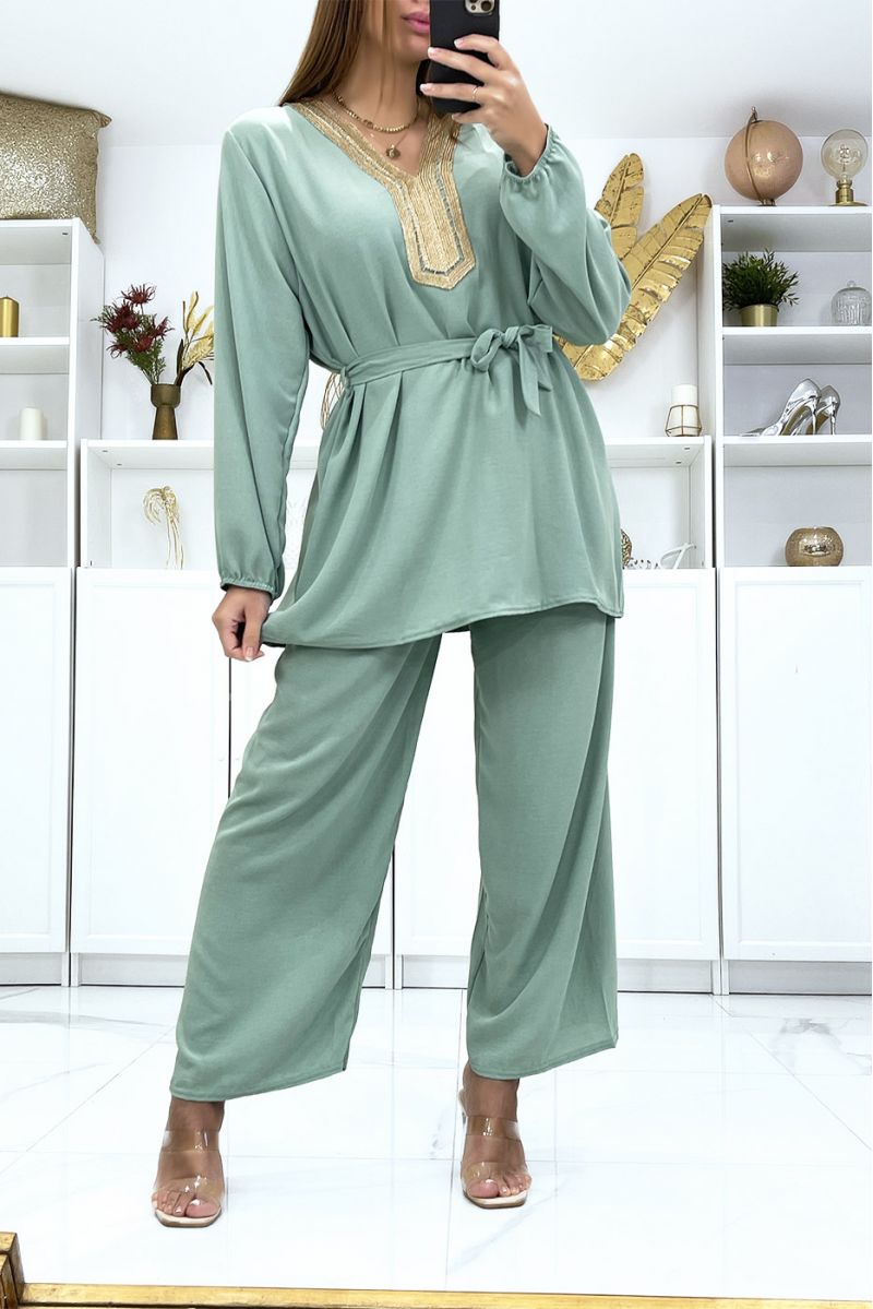 Green tunic and palazzo pants set with golden neckline - 2