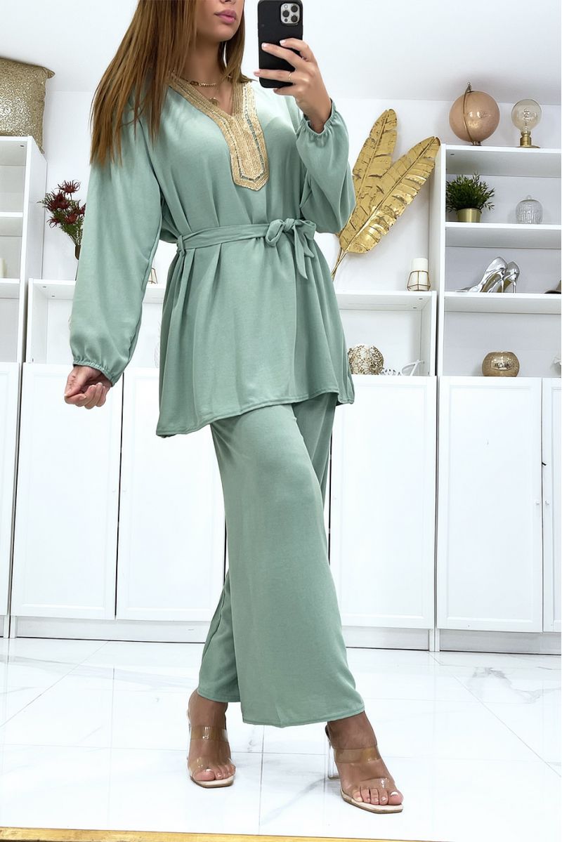Green tunic and palazzo pants set with golden neckline - 3