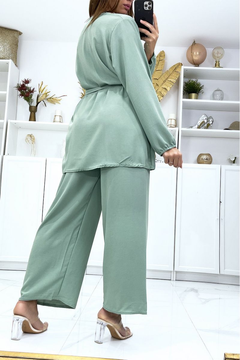 Green tunic and palazzo pants set with golden neckline - 4