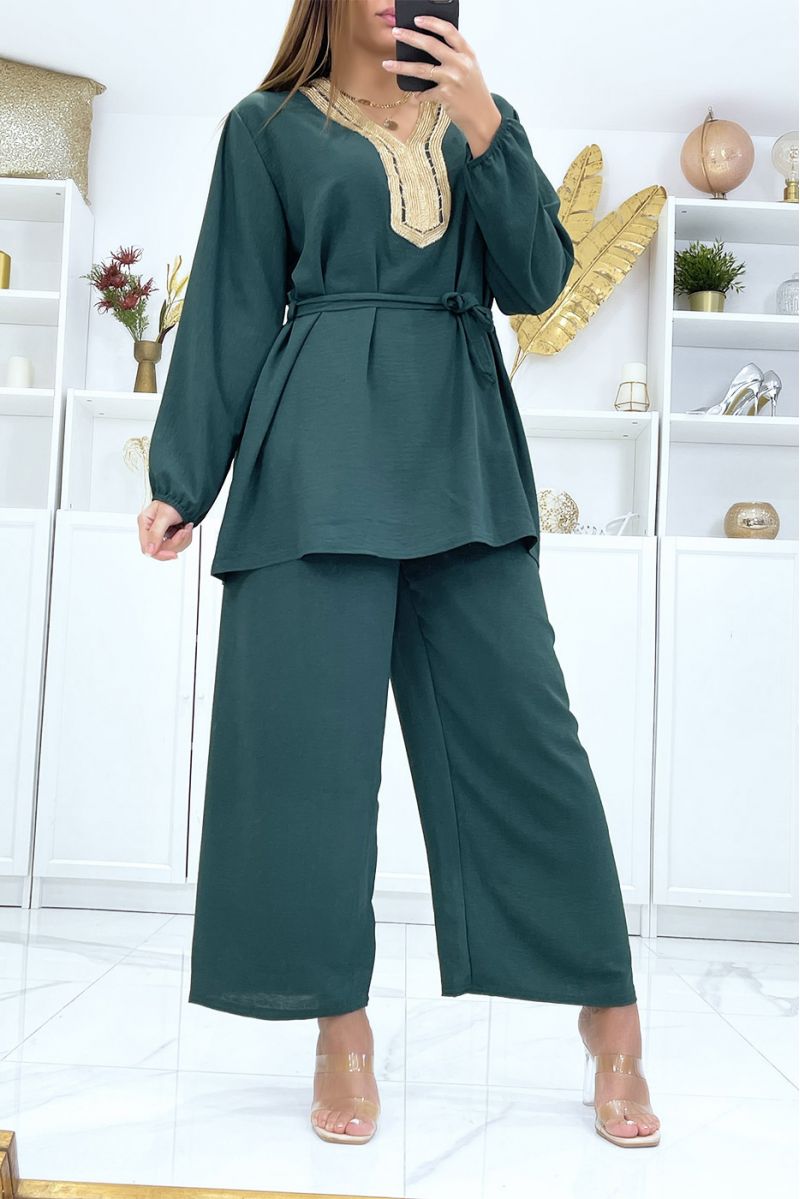 Khaki tunic and palazzo pants set with golden neckline - 1